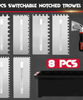 Pro Grade Versatile Tile Trowel Set With 6 Interchangeable Notched Blades And Quick Lock Handle displayed with storage box