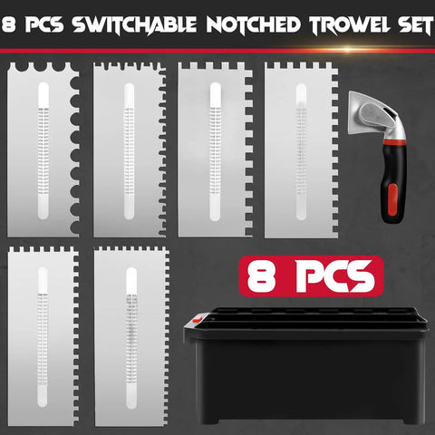 Pro Grade Versatile Tile Trowel Set With 6 Interchangeable Notched Blades And Quick Lock Handle displayed with storage box