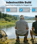 12 Inch Cordless Portable Fan With Metal Blade, 360 Degree Tilt, 24 Hour Run Time next to two people fishing by a lake.