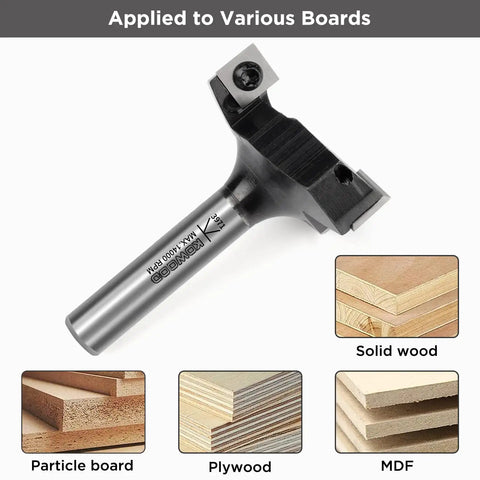 Beefy CNC Spoilboard Surfacing Router Bit With One Half Inch Shank Three Inch Diameter displayed with wood types