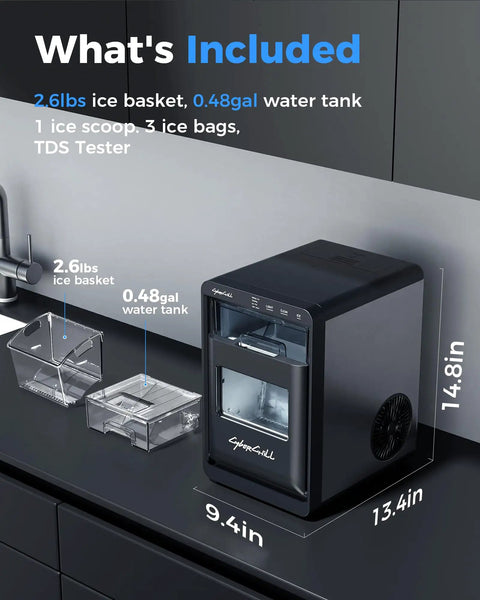 Chewable Nugget Ice Maker Countertop 44 Lbs Per Day Pebble Sonic Ice Machine with accessories on kitchen countertop
