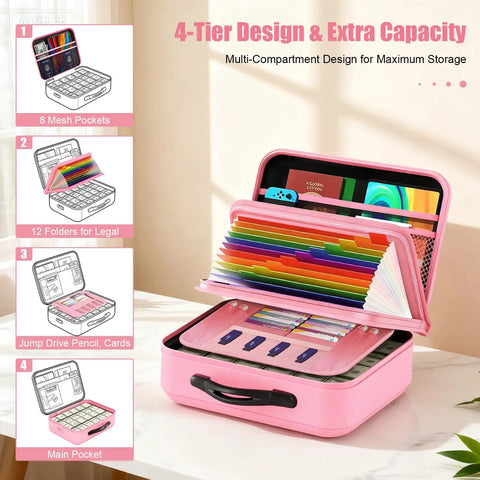 Open multi-compartment pink document safe showing jump drives, folders, Beefy Built Fireproof Document Safe Box With Lock For Home Office Keep Your Important Papers Safe Waterproof Hard Shell File Safe 5200F Rating Black For Home Use.
