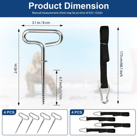 Shelter Tie Down Kit With Four Ice Anchors And Four Straps With Integrated Tighteners Heavy Duty Ice Fishing Tent Anchors