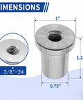 Heavy Duty Steel Weld On Nut 3/8-24 Fine Thread Female Stepped Chassis Mount Tab Hardware dimensions showing 1 inch width and 1.25 inch height.