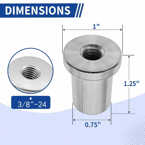 Heavy Duty Steel Weld On Nut 3/8-24 Fine Thread Female Stepped Chassis Mount Tab Hardware dimensions showing 1 inch width and 1.25 inch height.