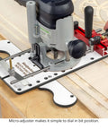 Solid Multi Function Router Base Built With Tough Three Eighth Inch Guide Rods For Dead On Edge Guidance with micro-adjuster for precision.