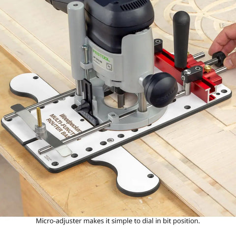 Solid Multi Function Router Base Built With Tough Three Eighth Inch Guide Rods For Dead On Edge Guidance with micro-adjuster for precision.