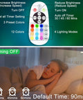 Remote control for Rechargeable Wireless Under Cabinet Lighting With Remote, 15 Color Changing RGB Light Bar next to a child sleeping.