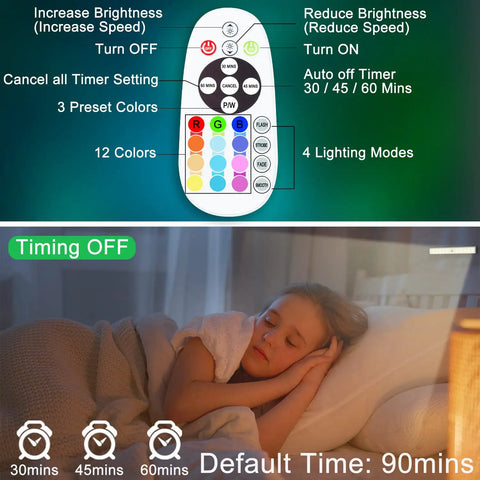 Remote control for Rechargeable Wireless Under Cabinet Lighting With Remote, 15 Color Changing RGB Light Bar next to a child sleeping.
