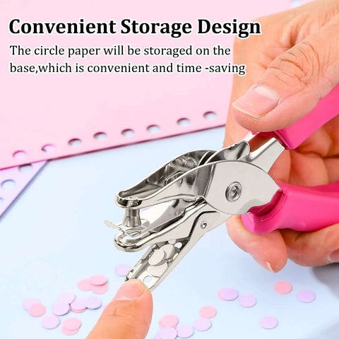 Close-up of a pink-handled tool from the 12 Piece Handheld One Quarter Inch Hole Punch Set With Grip Handles for crafts.