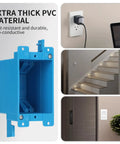 1-Gang PVC Electrical Box For Old Work Blue 14 Cubic Inches With Adjustable Mounting Tabs Standard Wall Switch Outlet Box Non-Conductive Plastic ETL Listed displayed in various installation scenarios.