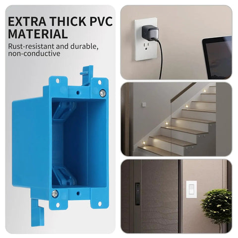 1-Gang PVC Electrical Box For Old Work Blue 14 Cubic Inches With Adjustable Mounting Tabs Standard Wall Switch Outlet Box Non-Conductive Plastic ETL Listed displayed in various installation scenarios.