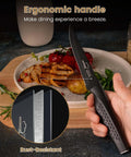Hand holding knife from Eight Piece Steak Knife Set With Stainless Steel Serrated Blades, Rust Resistant Nonstick Coating