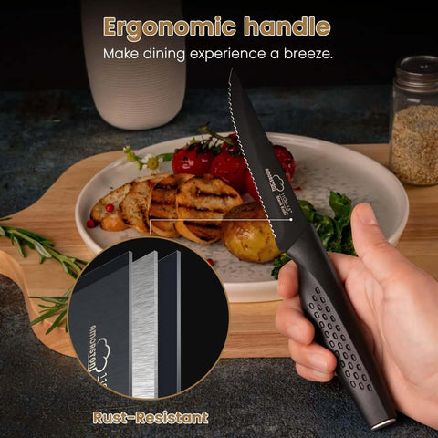 Hand holding knife from Eight Piece Steak Knife Set With Stainless Steel Serrated Blades, Rust Resistant Nonstick Coating