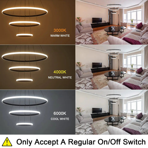 Cool Black LED Chandelier With 3 Color Temps 3000K 4000K 6000K, 60W Hanging Light Fixture lit in three color settings