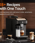 Fully Automatic Espresso Machine With Conical Burr Grinder And Smart Hot Cold Milk Frother For No Sweat Barista Level Drinks And Quick Cleanup Right At Home displayed on kitchen counter with drinks.