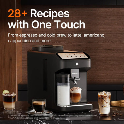 Fully Automatic Espresso Machine With Conical Burr Grinder And Smart Hot Cold Milk Frother For No Sweat Barista Level Drinks And Quick Cleanup Right At Home displayed on kitchen counter with drinks.