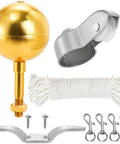 Flag Pole Hardware Kit With 3 Inch Gold Ball Topper, Aluminum Alloy Construction, Weatherproof Flagpole Accessories, 50 Feet Halyard Rope, 4 Inch Cleat Hook With Screws, Four Swivel Snap Hooks, And Pulleys For 2 Inch OD Tubes; gold topper, rope, clips