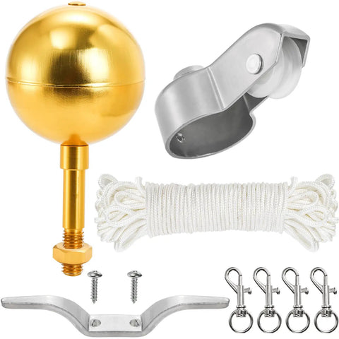 Flag Pole Hardware Kit With 3 Inch Gold Ball Topper, Aluminum Alloy Construction, Weatherproof Flagpole Accessories, 50 Feet Halyard Rope, 4 Inch Cleat Hook With Screws, Four Swivel Snap Hooks, And Pulleys For 2 Inch OD Tubes; gold topper, rope, clips