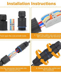 Installation instructions for 10 Pack Waterproof IP68 Outdoor Junction Box with 3 Way Quick Terminal showing connection steps.