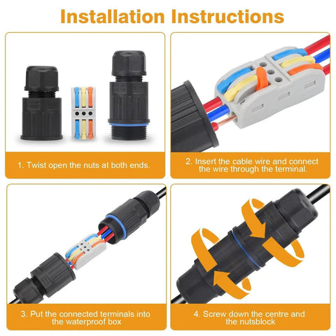 Installation instructions for 10 Pack Waterproof IP68 Outdoor Junction Box with 3 Way Quick Terminal showing connection steps.
