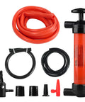 Multi Use Siphon Pump Kit For Gas, Oil And Automotive Fluids with hoses, extensions, adapters, and air pump, no spill design