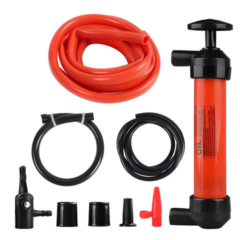 Multi Use Siphon Pump Kit For Gas, Oil And Automotive Fluids with hoses, extensions, adapters, and air pump, no spill design