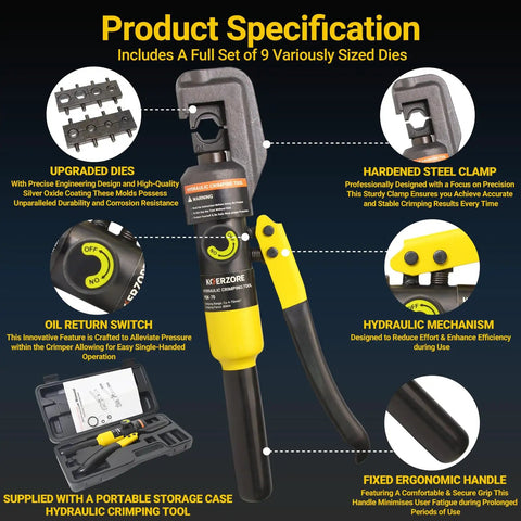10 Ton Hydraulic Crimping Tool Kit with 8 Dies, clamp, switch, and storage case for 12 AWG to 2/0 AWG cables and wire rope.
