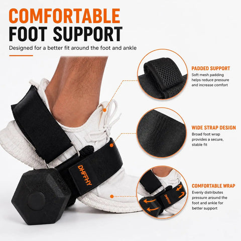 Dumbbell Foot Attachment For Glute Kickbacks And Hamstring Curls With Adjustable Ankle Strap shown on foot with comfortable support