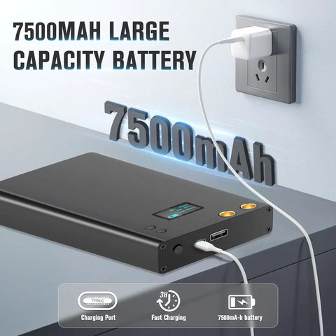 Beast Mini Spot Welder Kit With 7500mAh Battery showing Type-C charging and LCD on desk