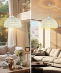 Hand Woven Bamboo Pendant Light With 15 Ft Hemp Cord Plug In Rattan Hanging Lamp On Off Switch 7W LED Bulb Included Three Color Temperatures