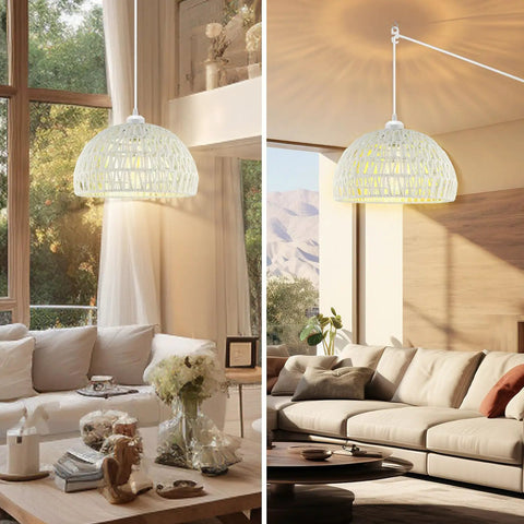 Hand Woven Bamboo Pendant Light With 15 Ft Hemp Cord Plug In Rattan Hanging Lamp On Off Switch 7W LED Bulb Included Three Color Temperatures