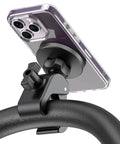 Ultra Strong Magnetic Phone Holder Clamp Mount for Gym and On the Go fits half inch to two inch bars with iPhone attached