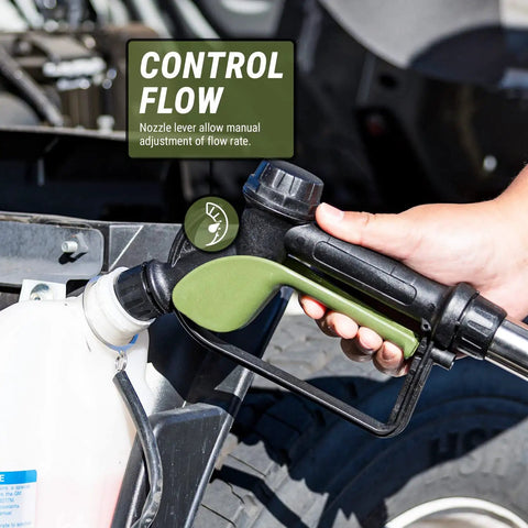 Smooth Operator Electric Drum Pump For Standard Fifty Five Gallon Drums With Precise Flow Meter and Flexible Telescopic Tube Quick Clean Fluid Dump Gear Real Tradesmen Always Swear By, close-up of nozzle adjusting flow.