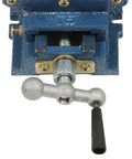 Close-up of the handle and locking mechanism of 5 Inch Cross Slide Drill Press Vise With 2 Way X Y Travel Heavy Duty Iron Workhorse.