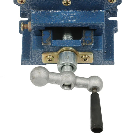 Close-up of the handle and locking mechanism of 5 Inch Cross Slide Drill Press Vise With 2 Way X Y Travel Heavy Duty Iron Workhorse.