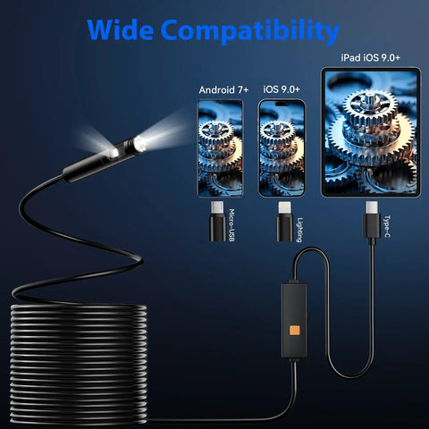 Dual-Lens 1920P HD Endoscope with light shows compatibility with Android, iOS, and iPad, featuring a coiled 32.8ft cable.