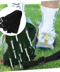 Eight-Piece Adjustable Lawn Aerator Shoes Straps on spiked sandals, shown on foot with close-up of straps, for garden use.