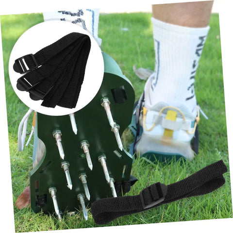 Eight-Piece Adjustable Lawn Aerator Shoes Straps on spiked sandals, shown on foot with close-up of straps, for garden use.