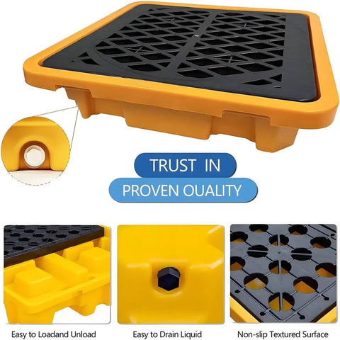 Rugged Heavy Duty Modular Oil Spill Containment Tray With Drain Outlet for paint buckets and tools, showing drain and grating.