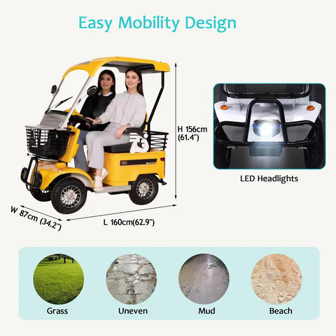 Heavy Duty 800W Electric Mobility Scooter For Adults And Seniors With Massive Trunk And Long Lasting Lithium Battery To Haul Gear And Cruise Side Streets Or Sandy Shores Hella Smooth Up To 18 Mph In Bright Yellow with two passengers and LED headlights.