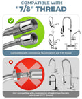 Pro Workhorse Commercial Sink Sprayer Head Drops Raw Pressure For Lightning Fast Rinse Downs And Stubborn Grease Removal Over Standard Kitchen Faucet Threads compatibility guide for 7/8" and G1/2" threads.