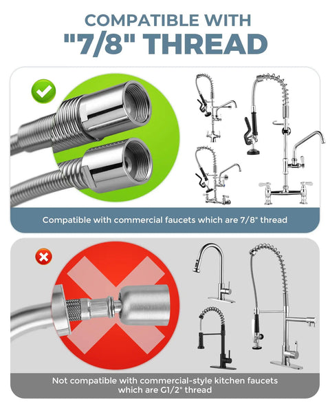 Pro Workhorse Commercial Sink Sprayer Head Drops Raw Pressure For Lightning Fast Rinse Downs And Stubborn Grease Removal Over Standard Kitchen Faucet Threads compatibility guide for 7/8" and G1/2" threads.