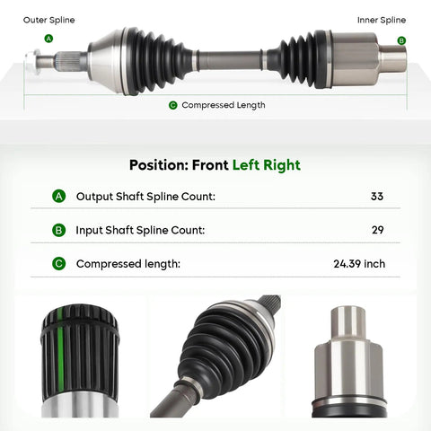 Straight Fire Fresh Front CV Axle Shaft Assembly Pair For Ram 1500 Four Wheel Drive Only 2012 2022 showing inner and outer splines.