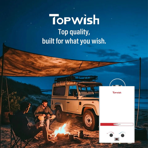 Rugged Tankless Propane Water Heater Delivering Snappy Instant Hot Water On Demand At 2.11 Gpm With Featherweight Portable Frame in outdoor campsite.