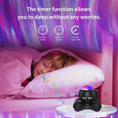 Child sleeping under aurora lights with Dope 5 In 1 Galaxy Projector With Aurora Nebula Lights Built In Bluetooth Speaker Black in room.