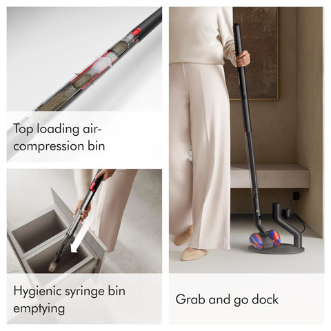 Dyson PencilVac cordless vacuum with black wand and red accents, docked beside stand.