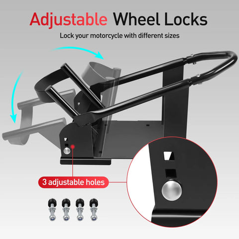 Beefed Up Universal Motorcycle Wheel Chock And Front Wheel Stand For Trailers 1800 Pound Capacity Adjustable Wheel Locks