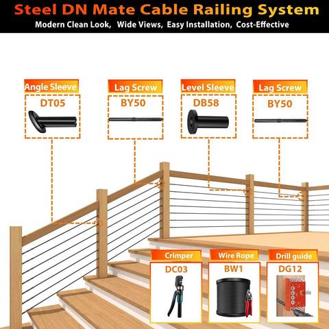 Steel DN Mate Cable Railing System components with wire rope and crimping tool for Marine Grade T316L Stainless Steel Cable