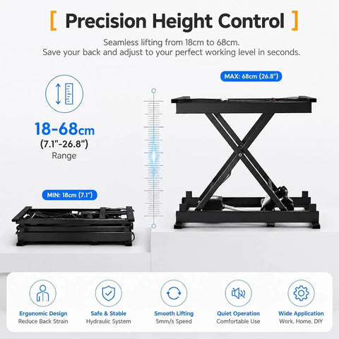 Precision height control for Heavy Duty Electric Scissor Lift Table With 60kg Load Capacity And Adjustable Height Of 7.1 To 26.7 Inches.